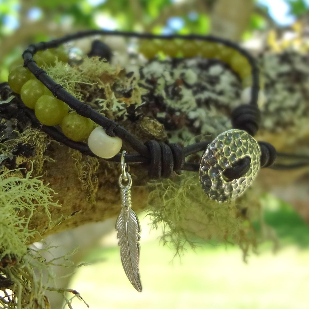 Silver Feather Charm, Olive Jade & Black Onyx Leather Wrap Bracelet  - Unisex